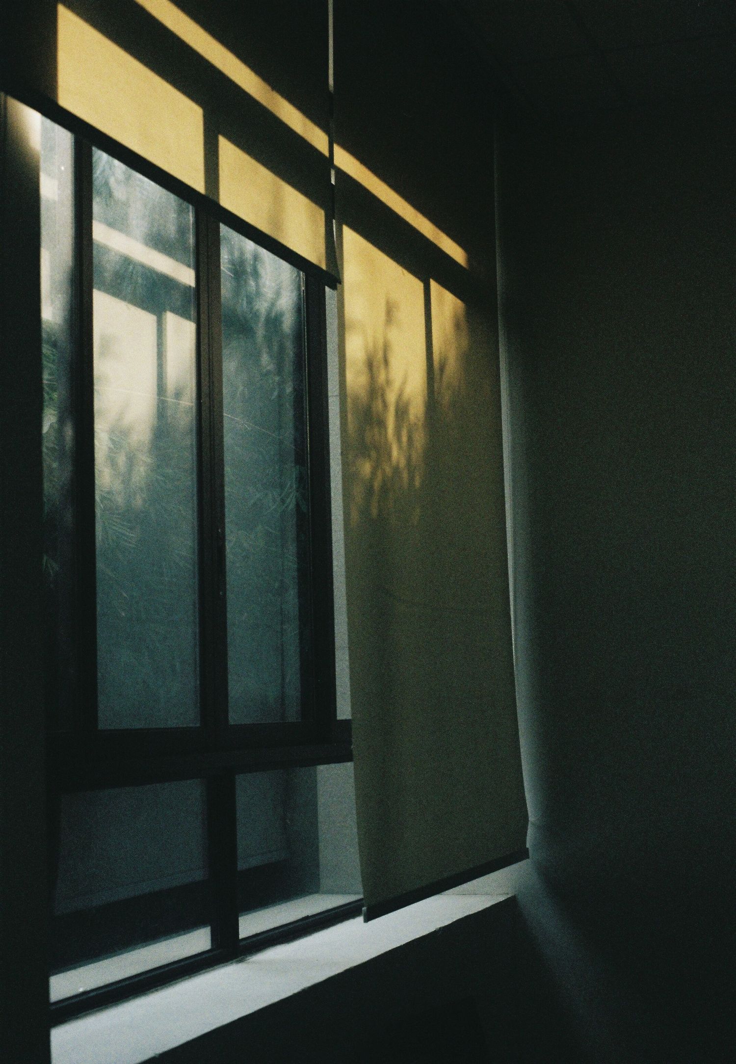 Window with a roller blind in sunlight