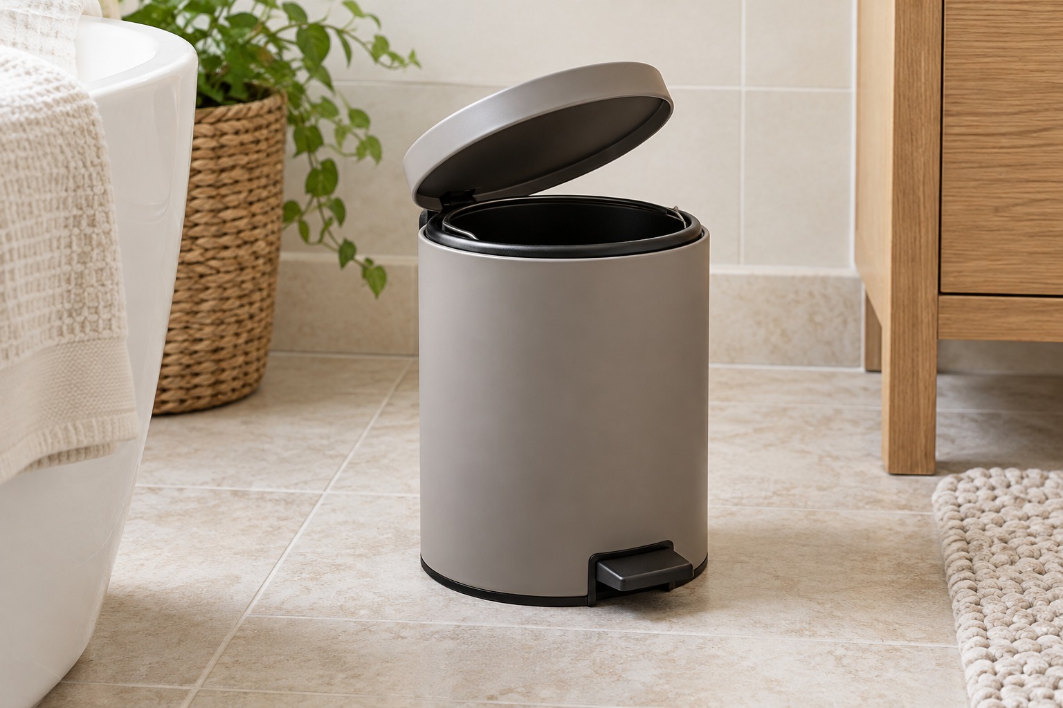 Illustration: Small pedal bin with its lid slightly open