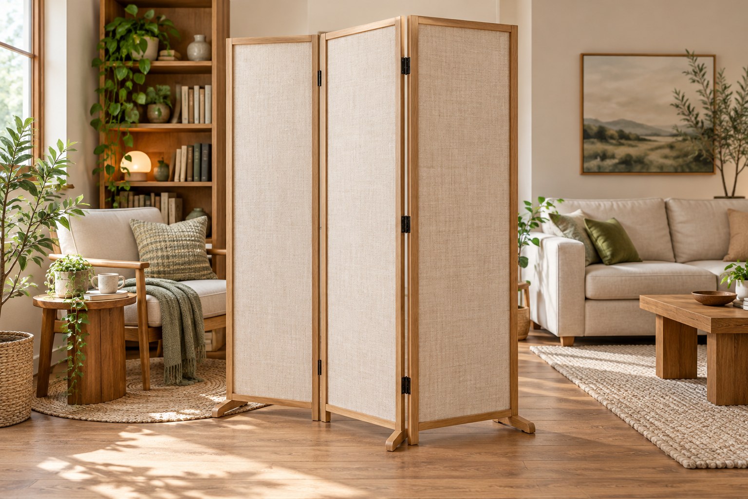 Folding room divider in a living room
