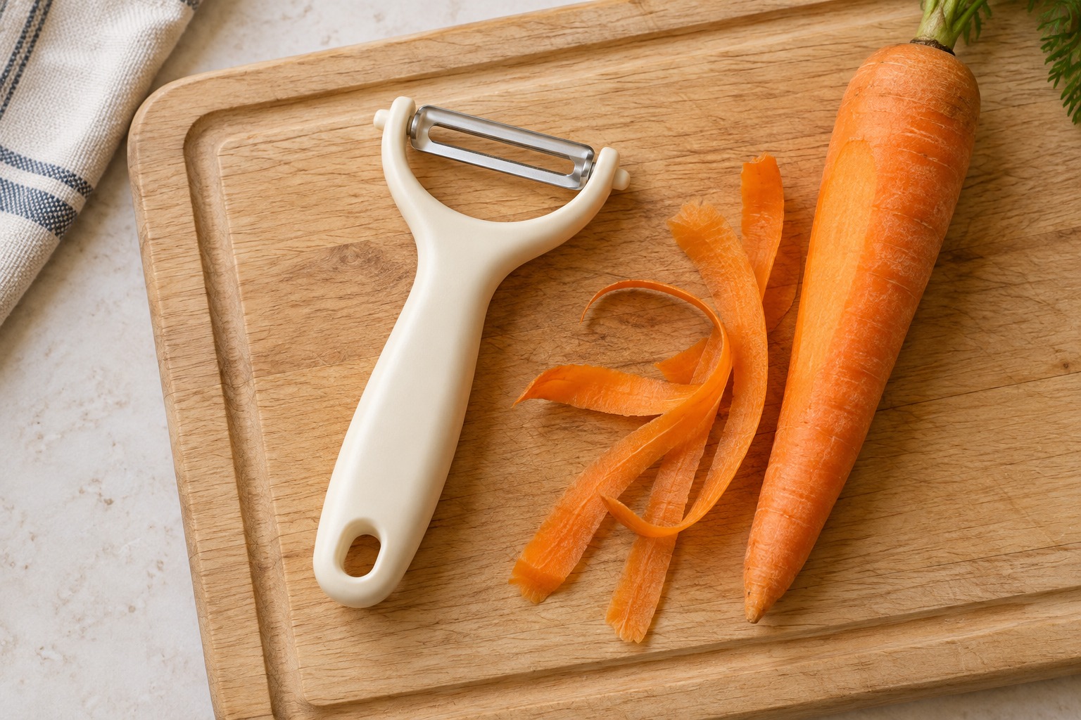 Illustration: Y-shaped peeler beside a carrot and peel ribbons