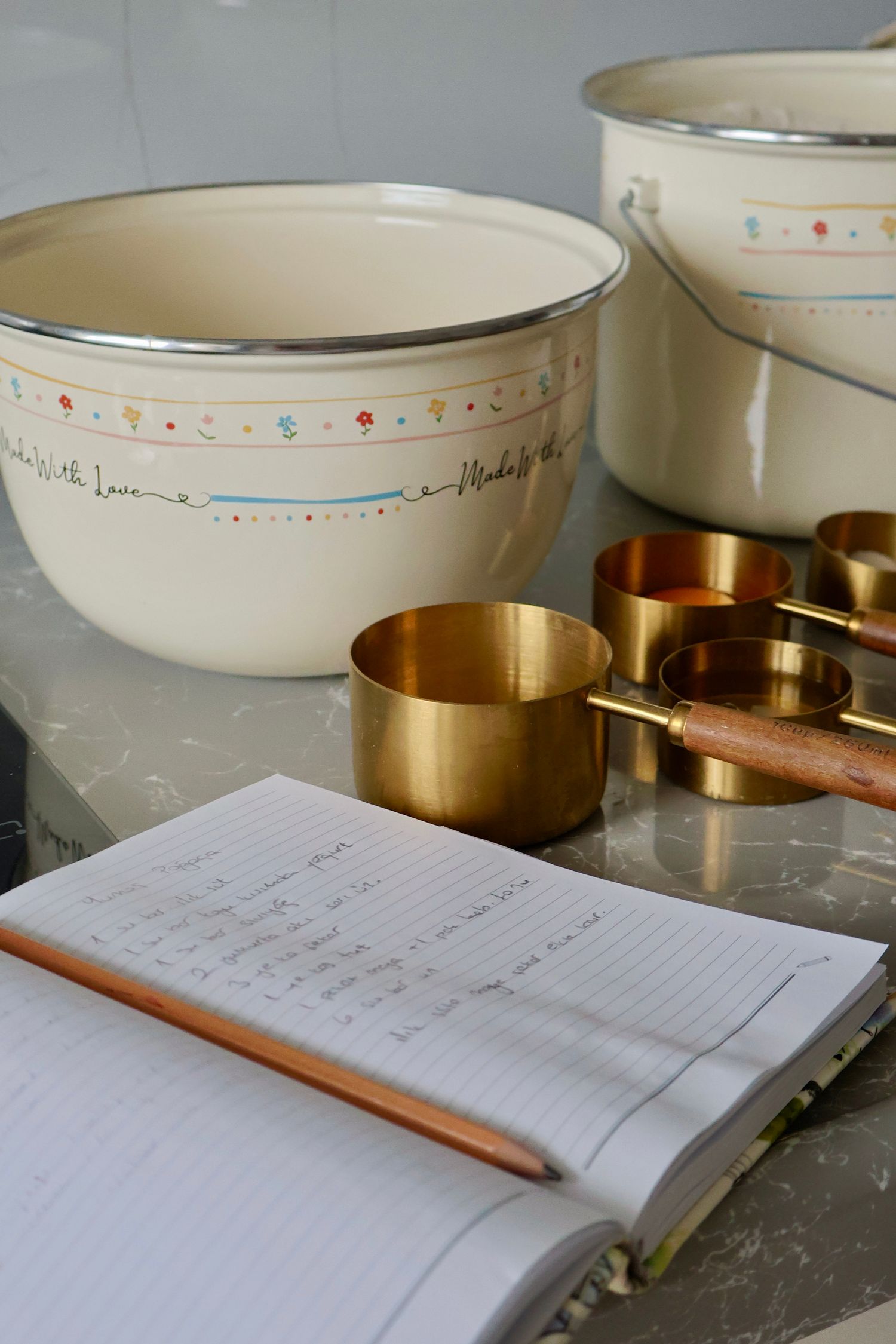Mixing bowls with measuring cups