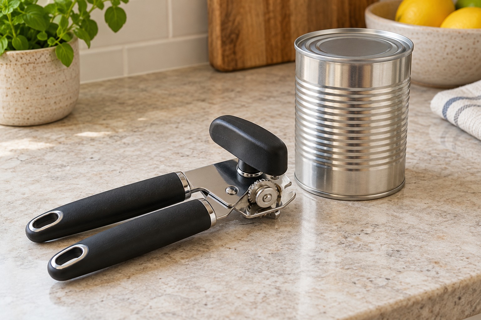 Illustration: Manual can opener beside a closed tin