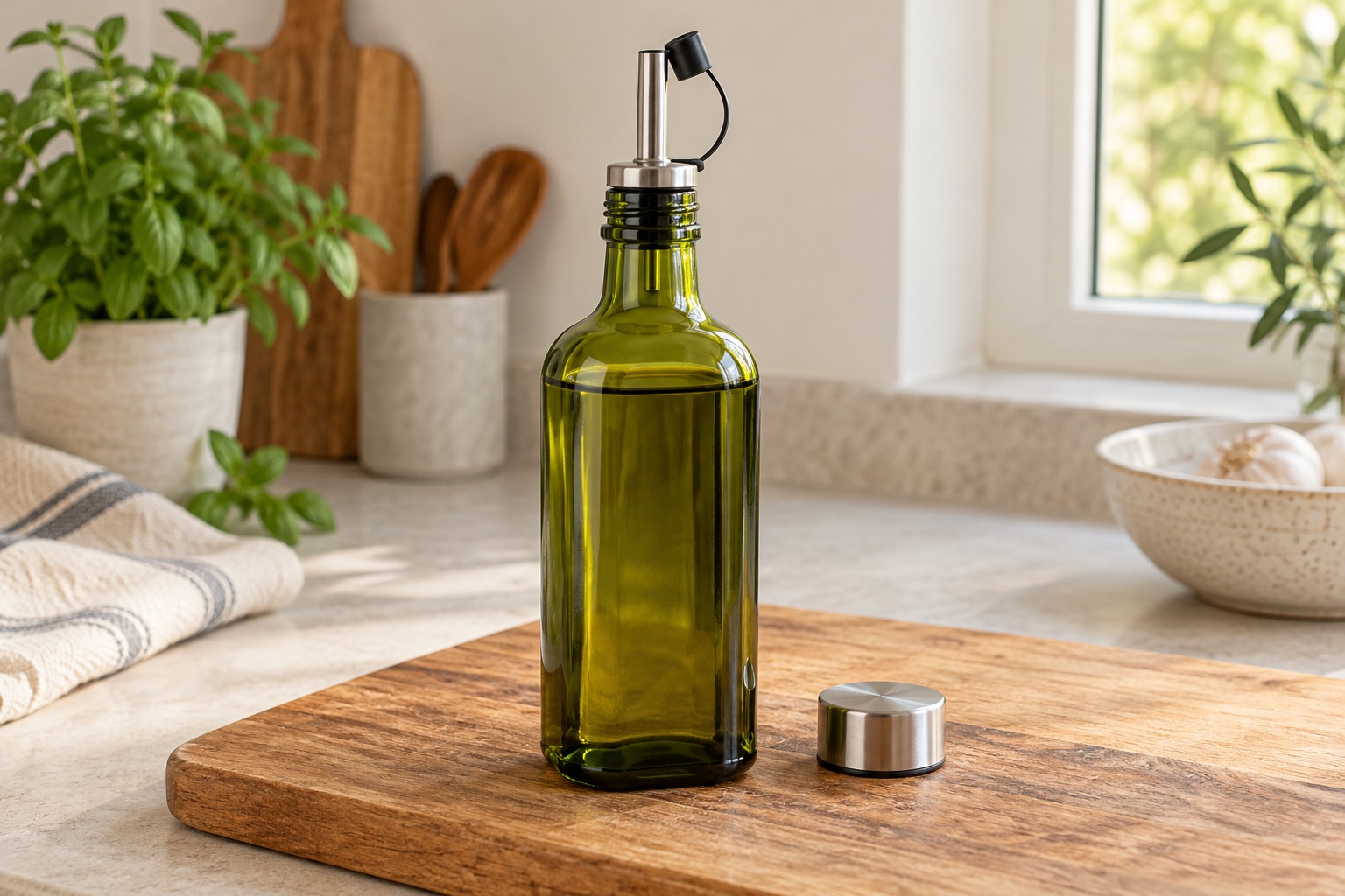Illustration: Green glass oil dispenser on a wooden board