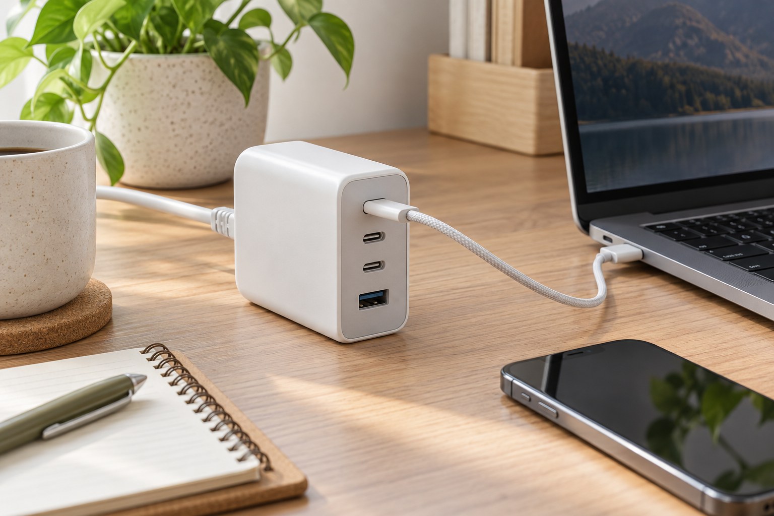 USB-Ladegerät mit mehreren Anschlüssen auf einem Tisch