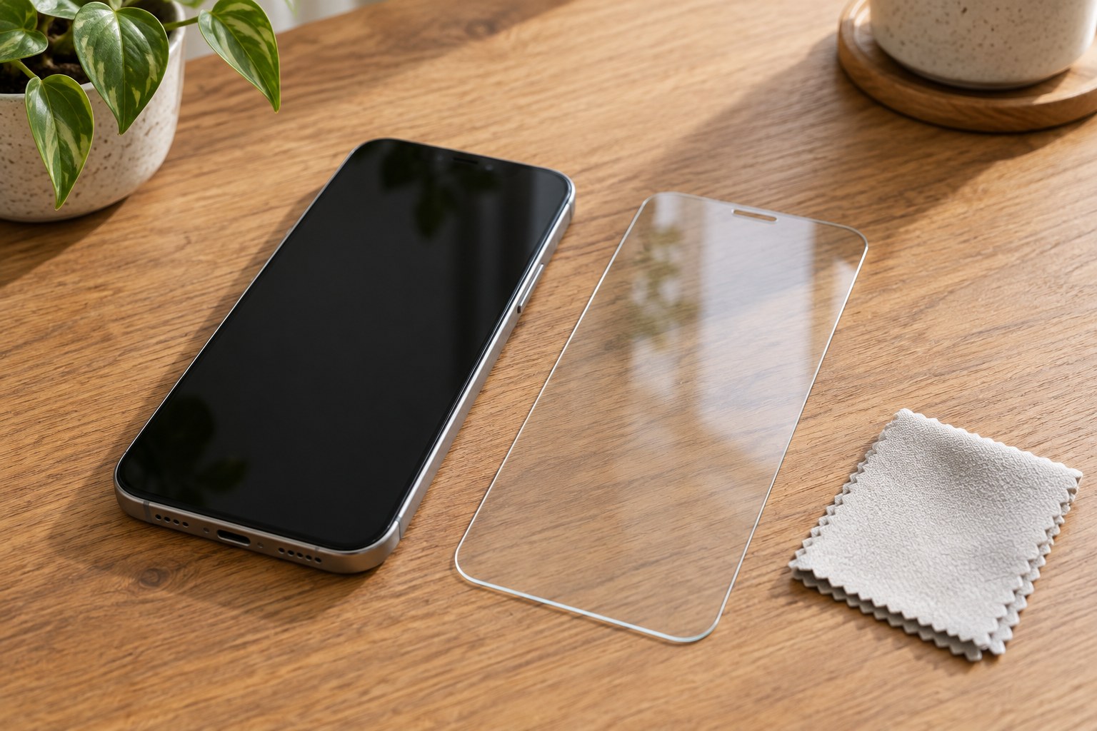 Klare Schutzscheibe neben einem Smartphone