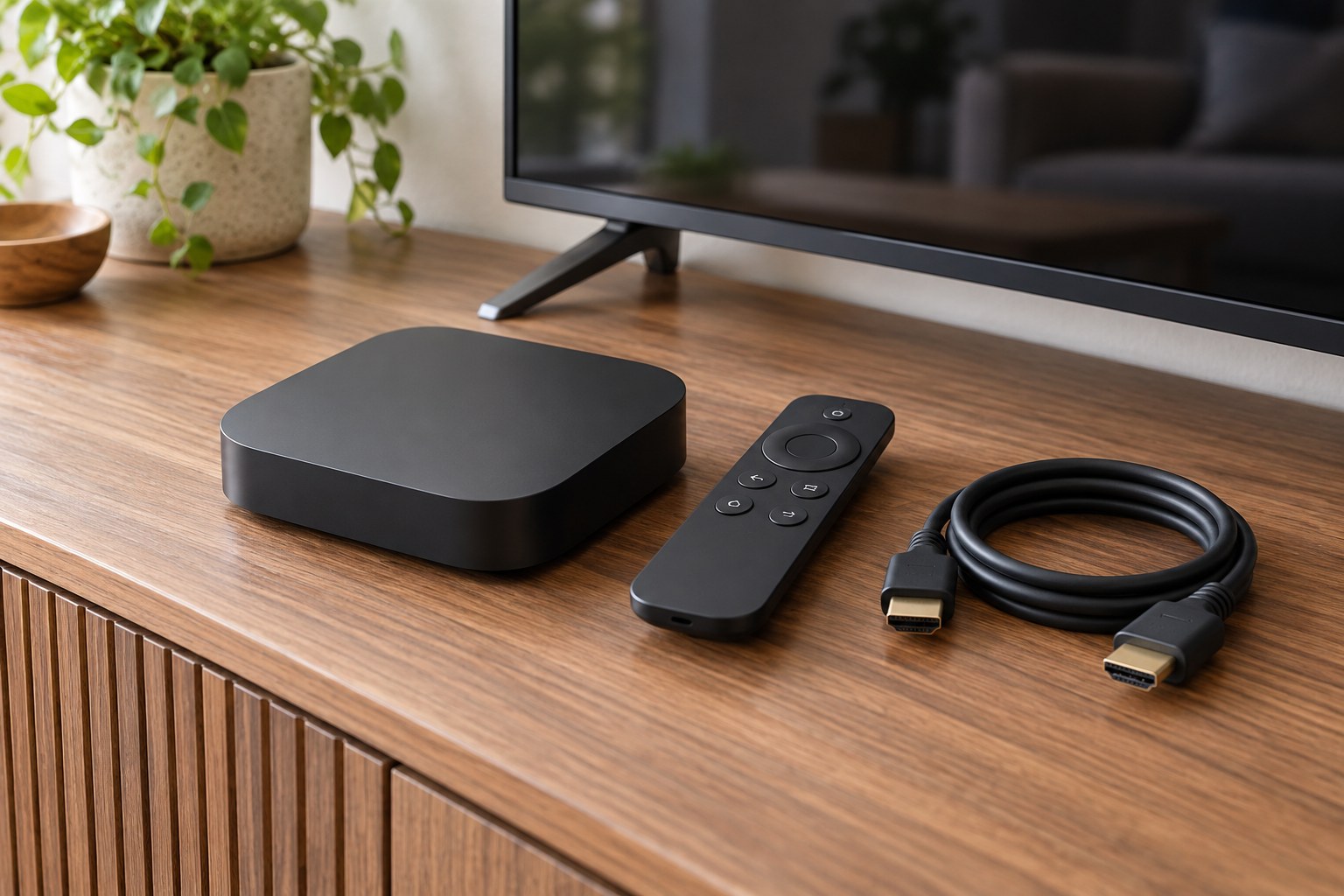 Streaminggerät mit Fernbedienung und HDMI-Kabel