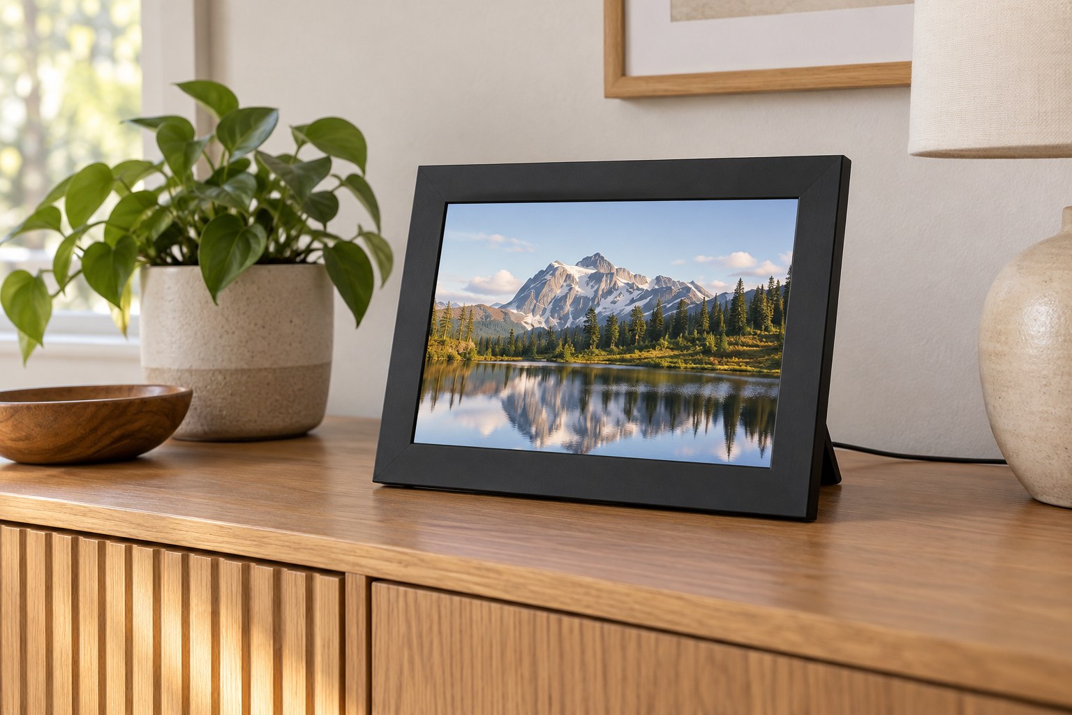 Digitaler Bilderrahmen auf einem Sideboard