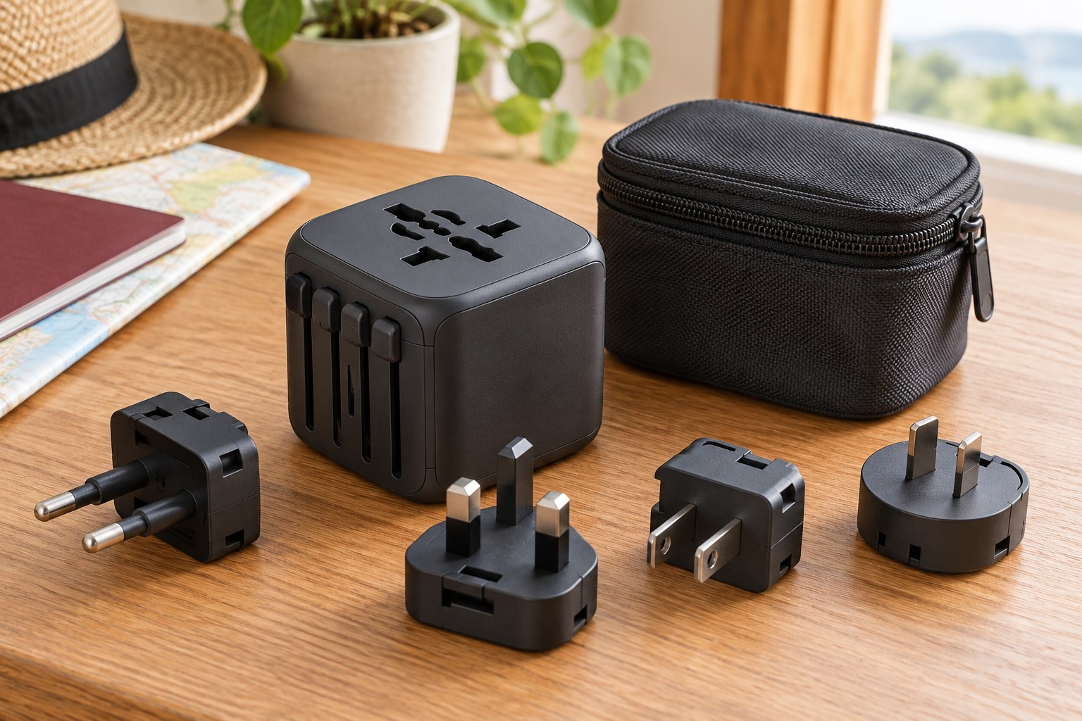 Reiseadapter neben einem Etui