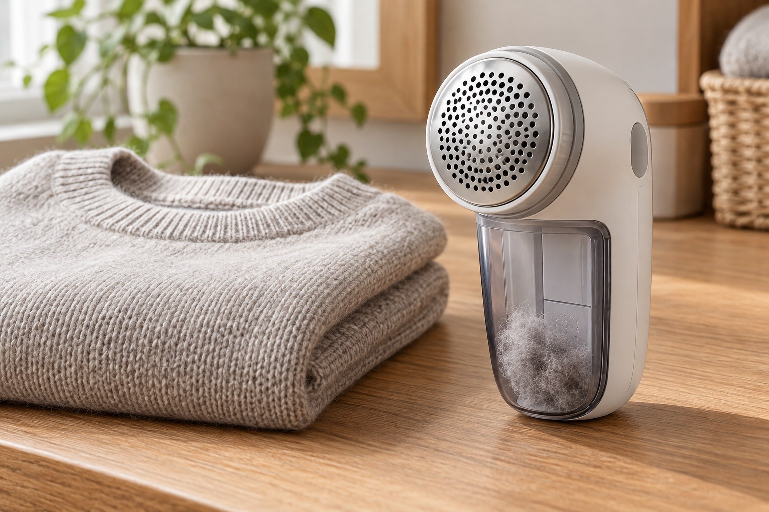 Fabric shaver beside a knitted sweater