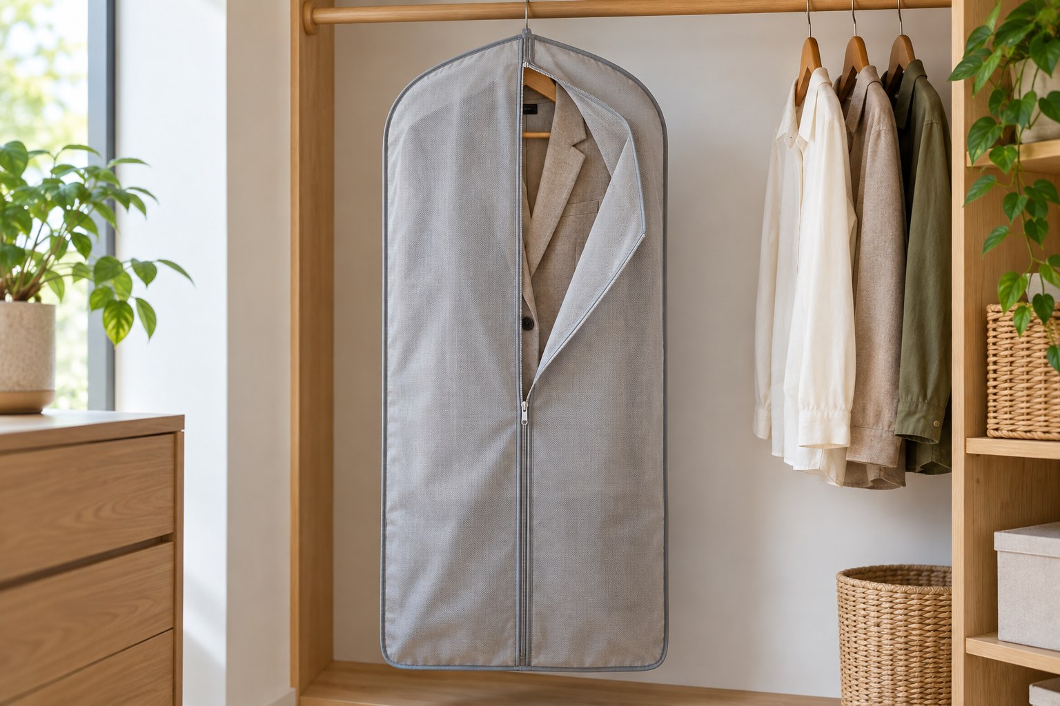 Garment bag hanging from a clothes rail