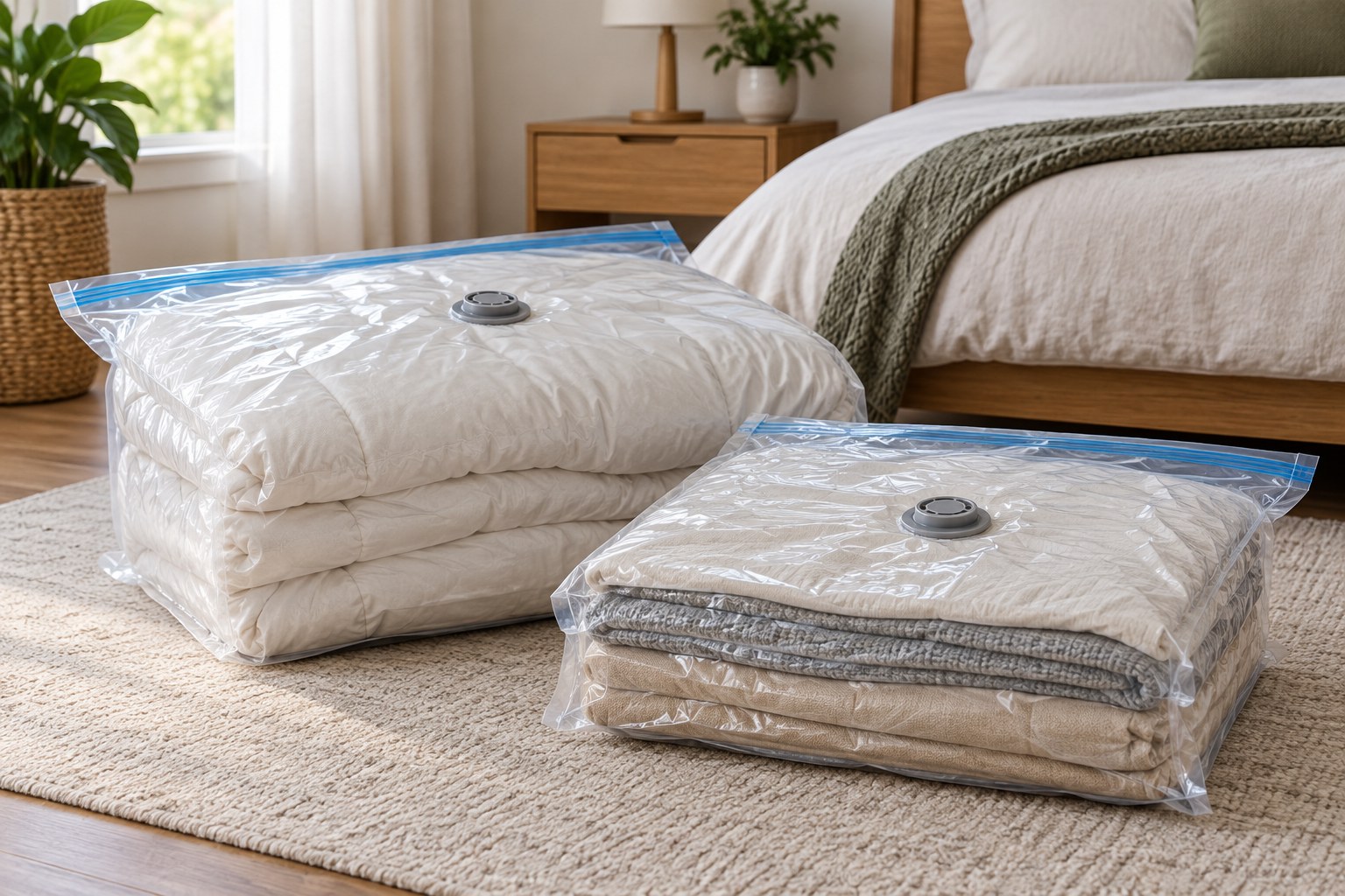 Vacuum storage bags containing folded bedding