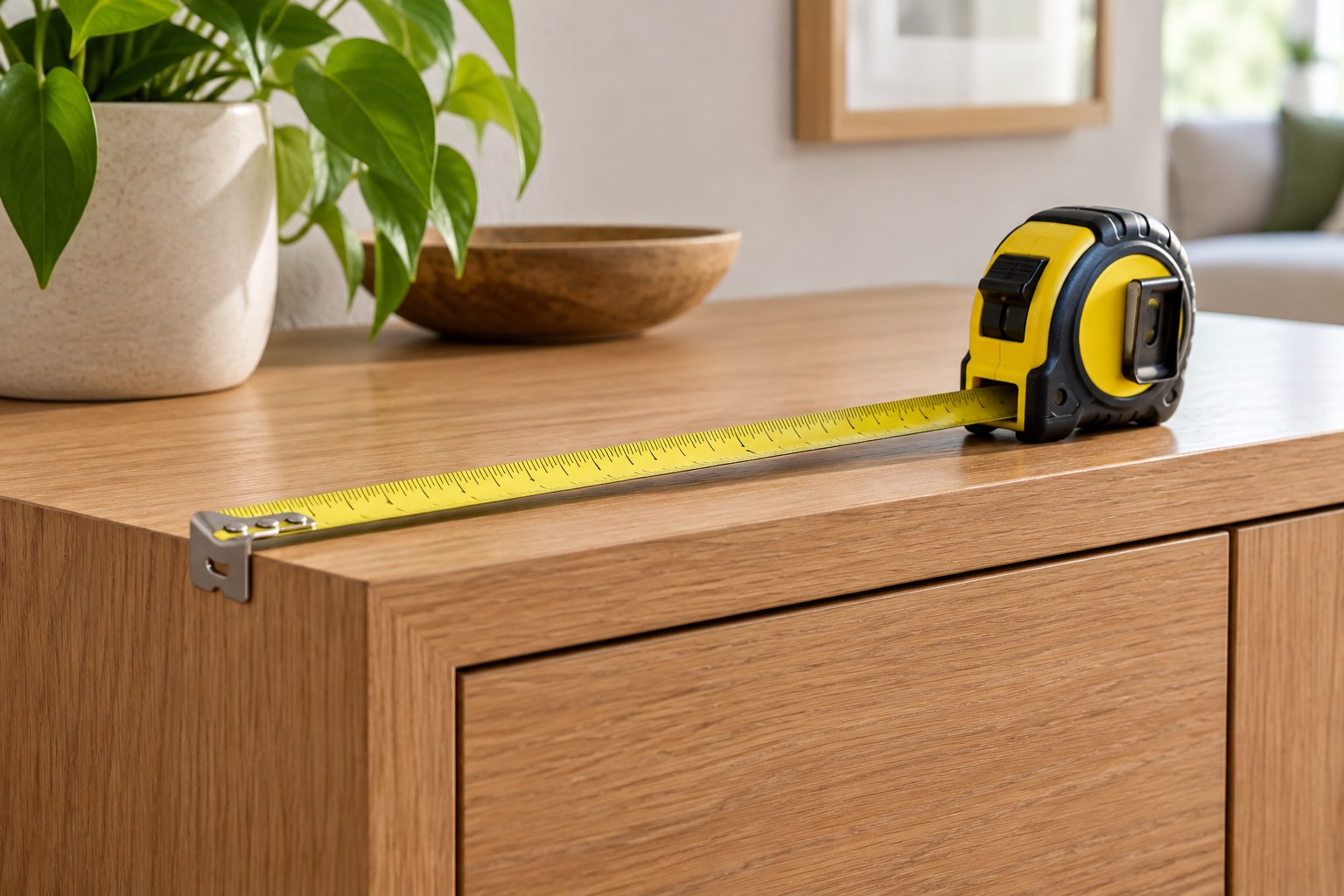 Retractable tape measure along a cabinet edge