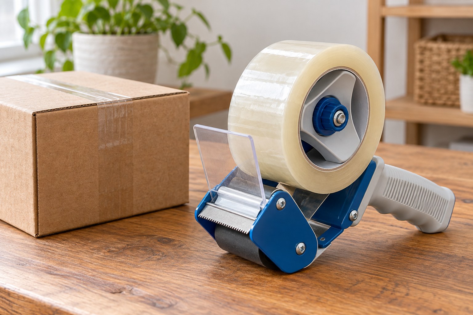 Packing tape dispenser beside a cardboard box